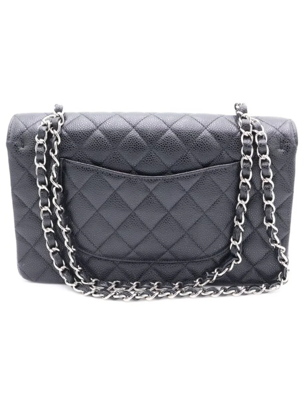 Chanel Quilted 25 Double Flap Chain Shoulder Bag Black Caviar Leather Silver